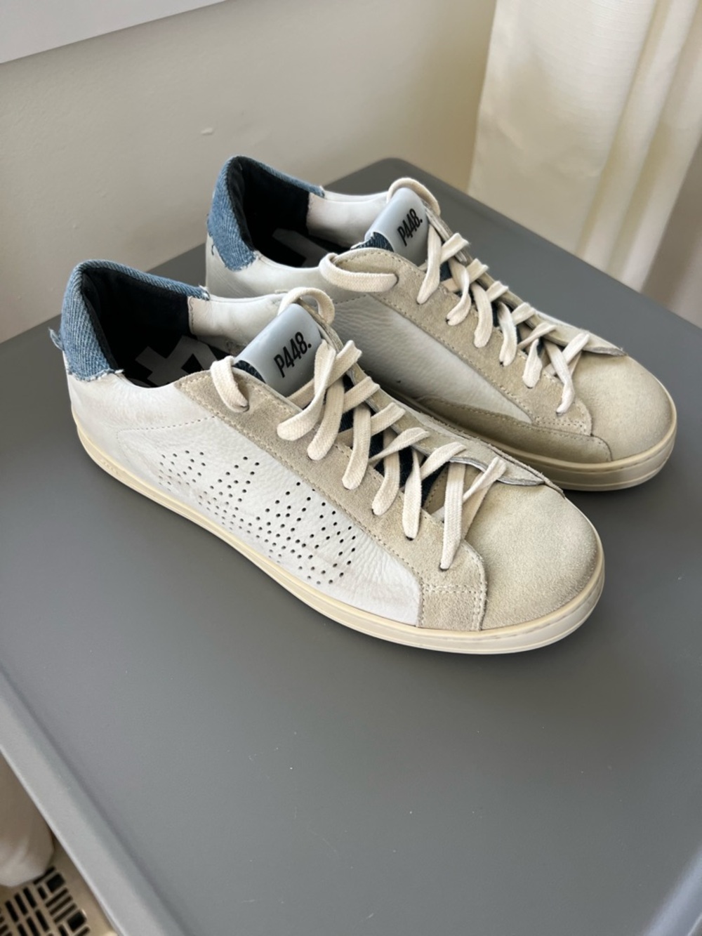 Italian P448 Women’s s White &  Denim Leather Suede Sneakers Euro size 38